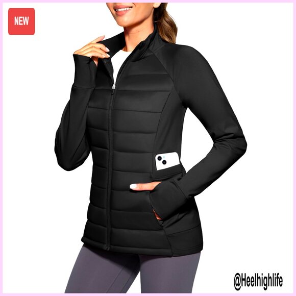 Women's Fleece Lined Puffer Jacket 6 Pockets Water Resistant Running
